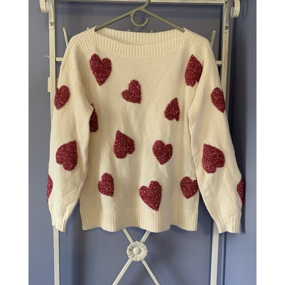 LOFT White Boatneck Sparkle Heart Sweater Hollidays preppy XS - Picture 1 of 6